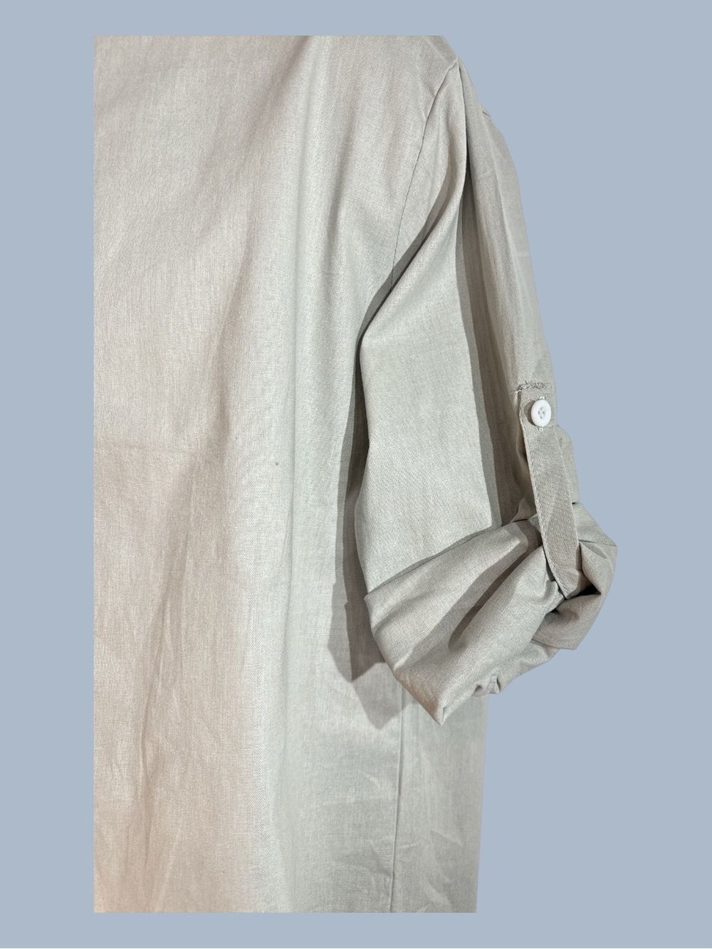 Band Collar 100% Cotton Linen Long Adjustable Sleeve Button Front Shirt Gray M - Picture 6 of 8